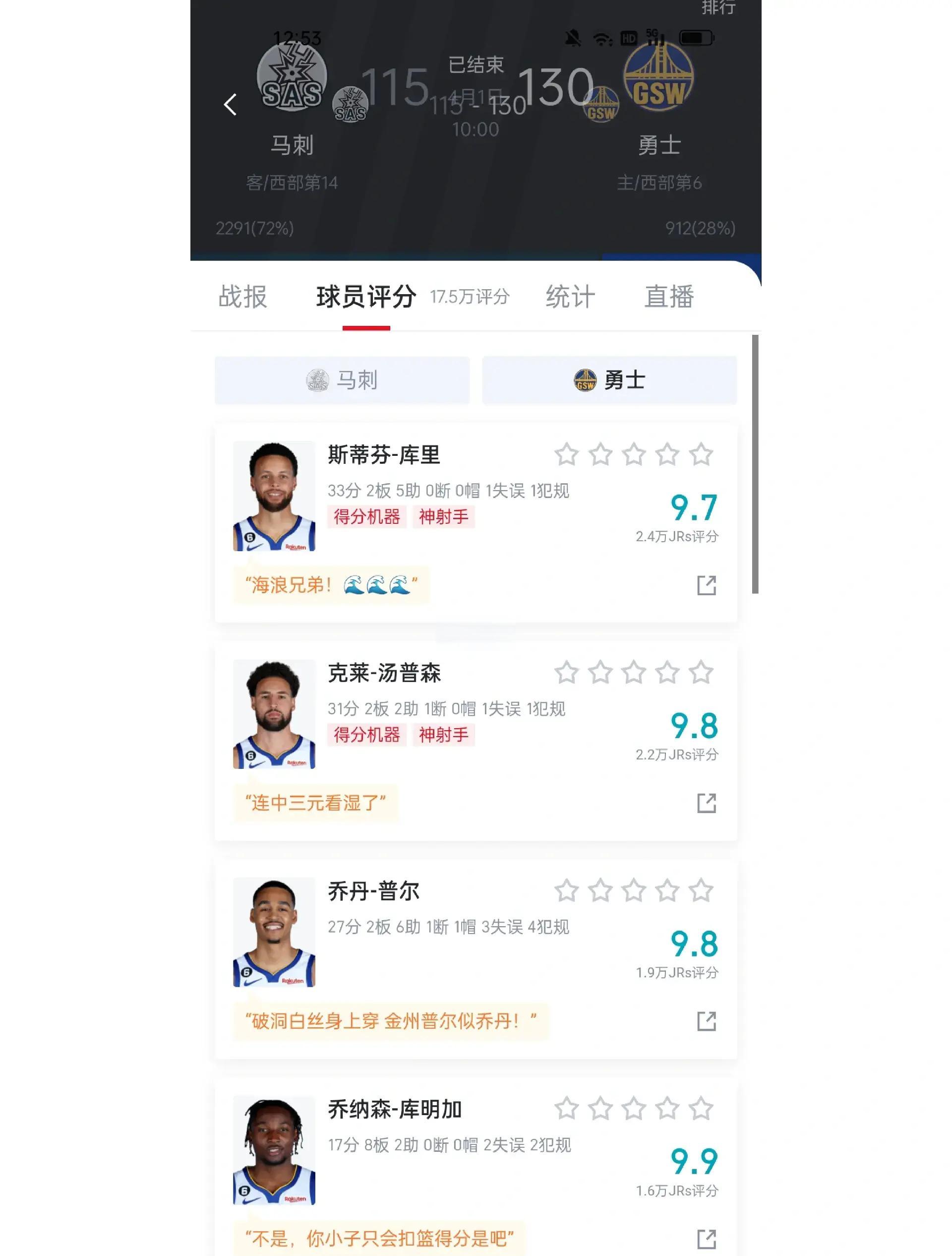 勇士胜马刺，库里砍下三双数据